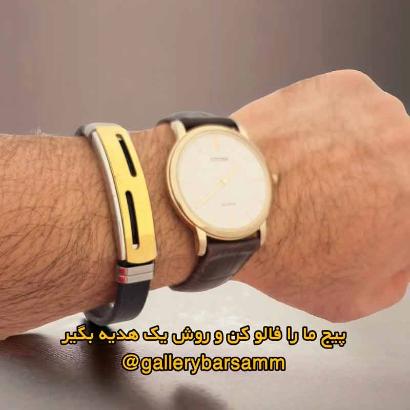 خرید دستبند چرمی مردانه زنانه استیل طلایی